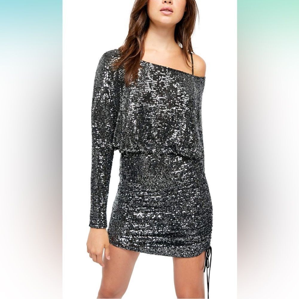 Free People Womens Giselle Sequined One Shoulder Mini Dress
